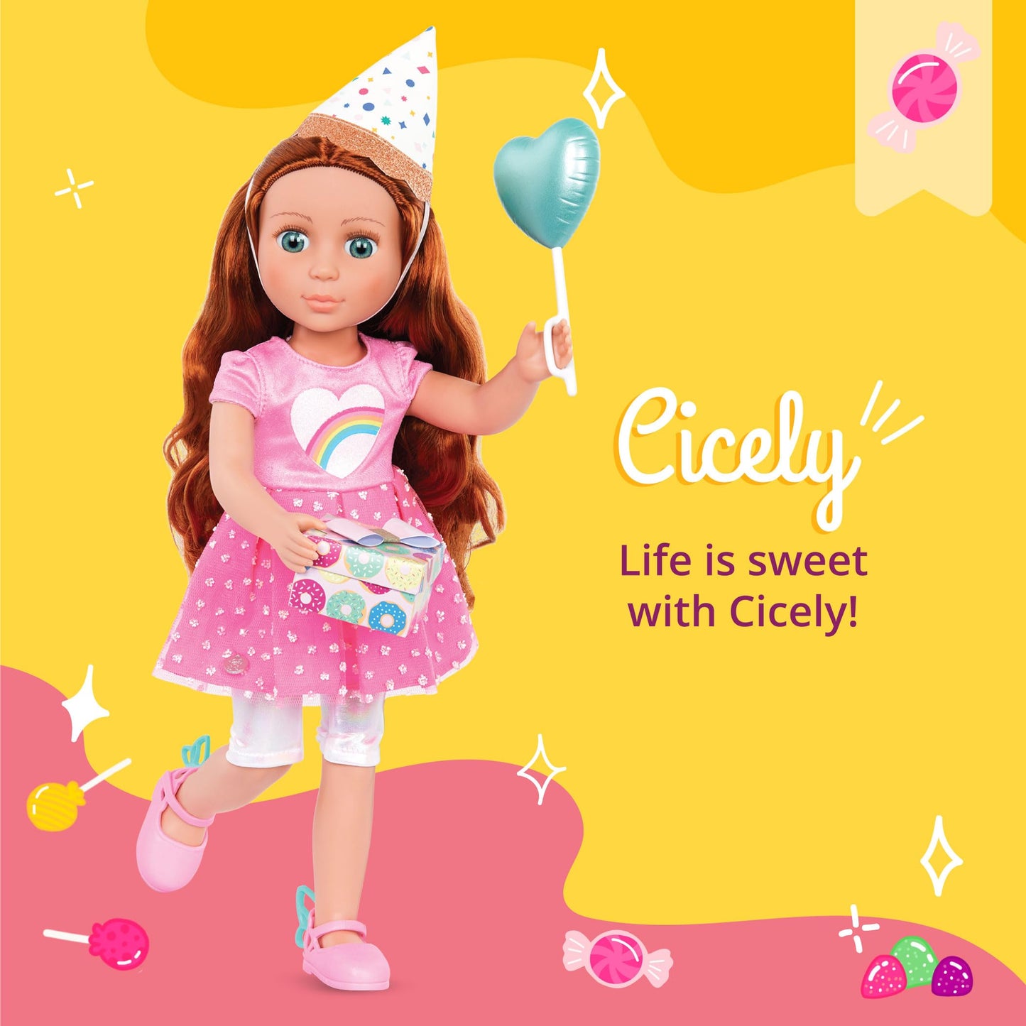 Glitter Girls - 14-Inch Birthday Doll - Red Hair & Green Eyes - Rainbow Heart Dress, Birthday Hat, Cake, Balloon, Gift - Toys, Clothes, and