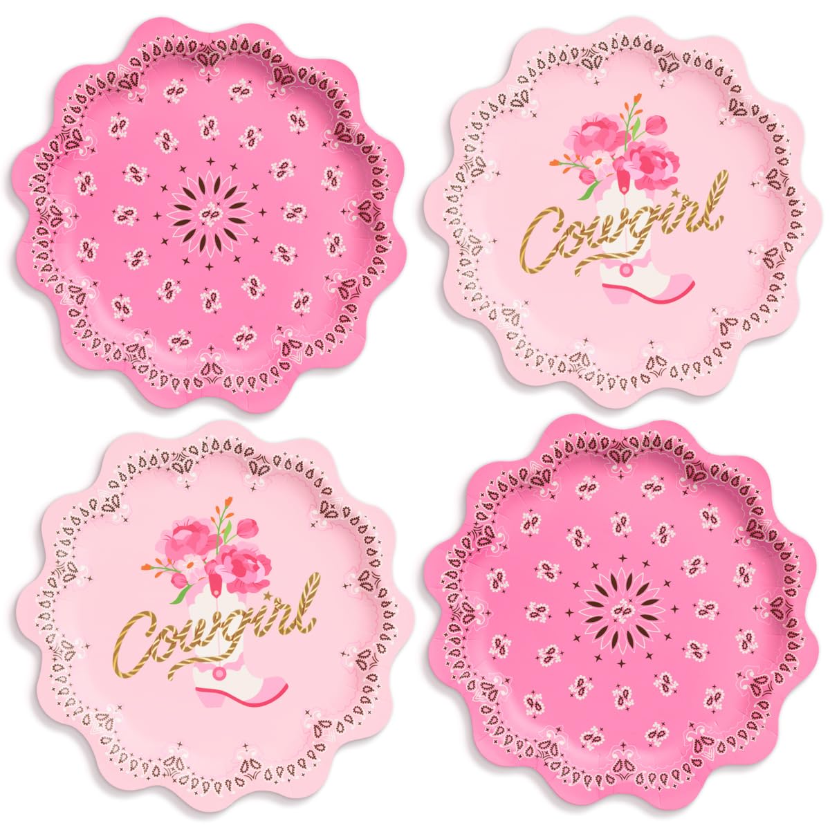 xo, Fetti Cowgirl Plates - 24 Paper Plates, 9" | Western Party, Cowgirl Theme, Bandana Birthday, Rodeo Bachelorette, Cowboy Decor, Pink, Gold Foil