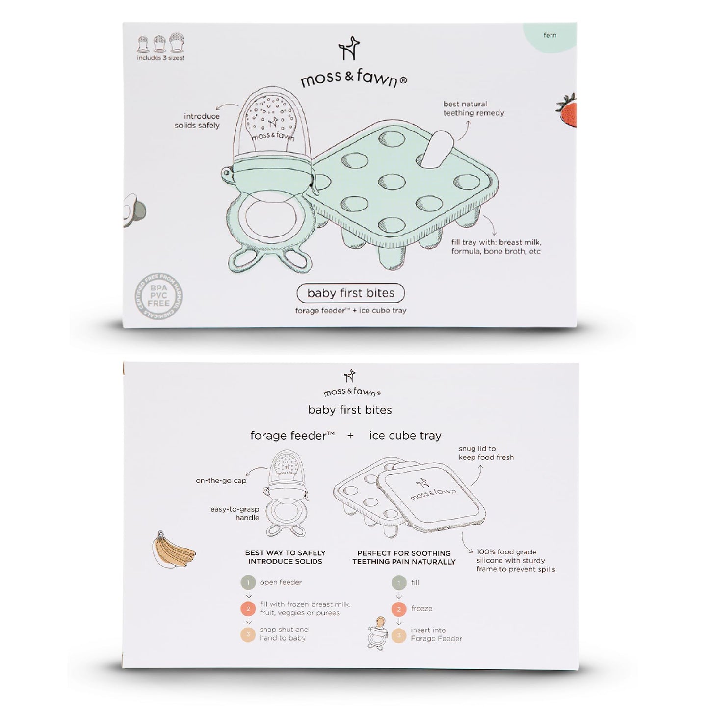 Moss and Fawn Baby's First Bites Bundle - Silicone Frozen Breast Milk Popsicle Kit with Forage Feeder & Teething Popsicle Ice Cube Tray - BPA, PVC