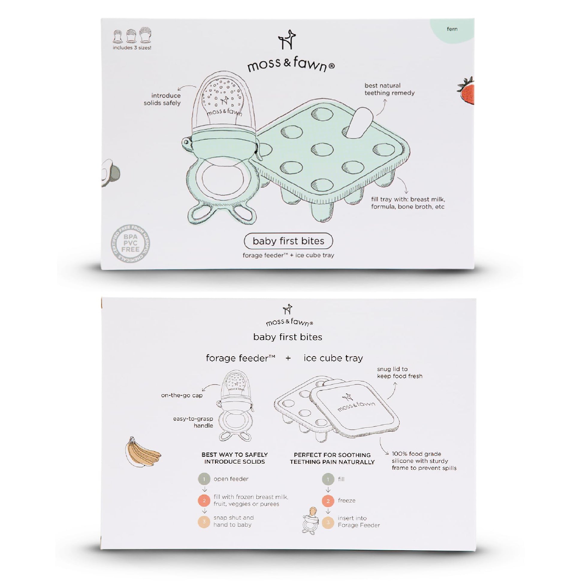 Moss and Fawn Baby's First Bites Bundle - Silicone Frozen Breast Milk Popsicle Kit with Forage Feeder & Teething Popsicle Ice Cube Tray - BPA, PVC