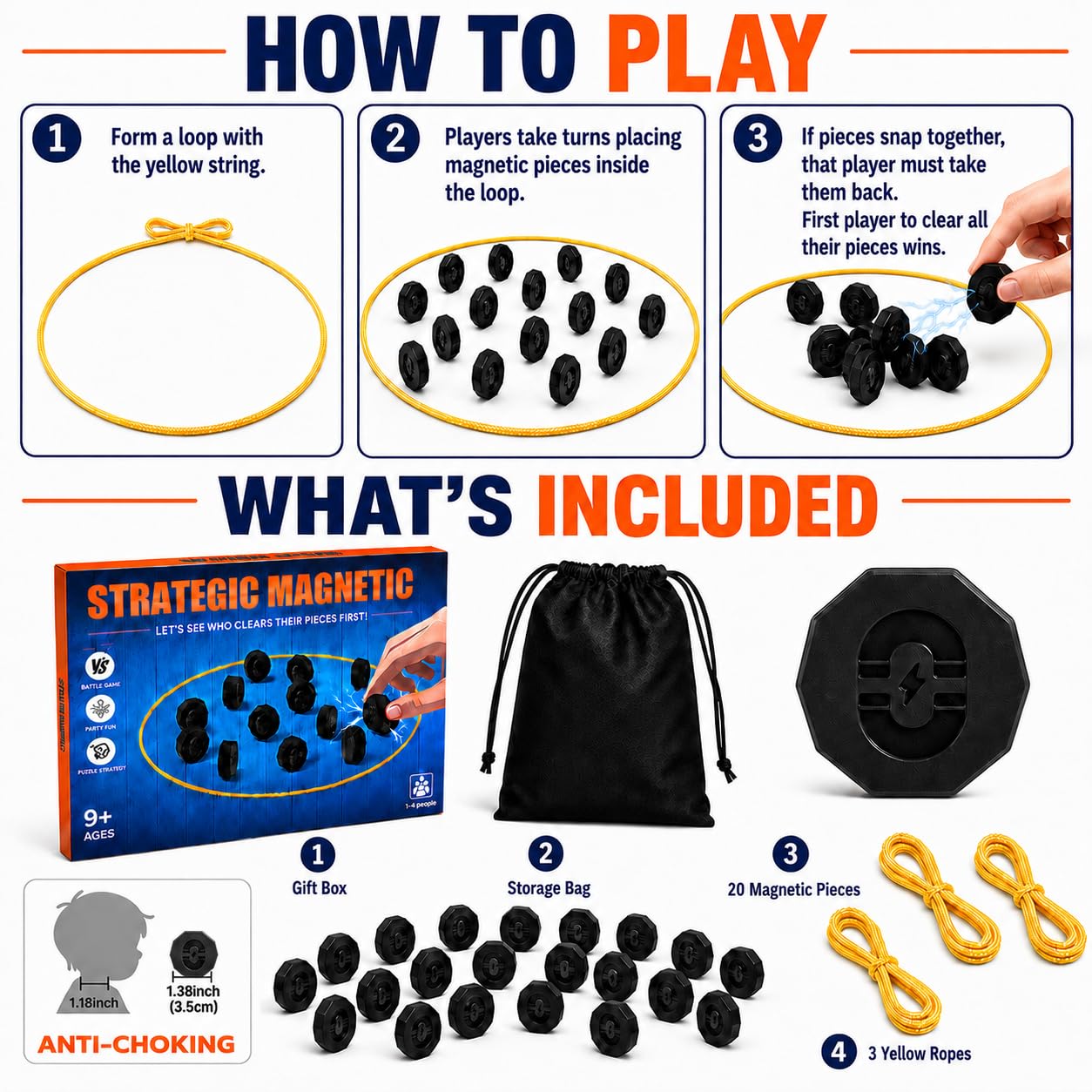 Fouwoqi Magnet Game with String, 20 Full-Size Magnetic Stones & 3 Ropes, Portable Magnetic Chess Strategy Game for Family Game Night, Party, Travel