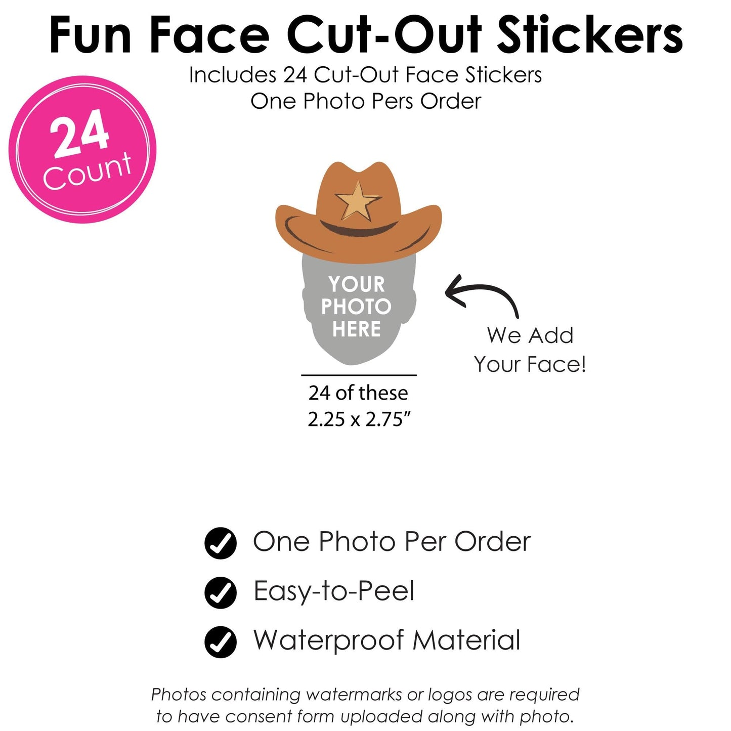 Big Dot of Happiness Custom Photo My First Rodeo - Little Cowboy 1st Birthday Party Favors - Fun Face Cut-Out Stickers - Set of 24