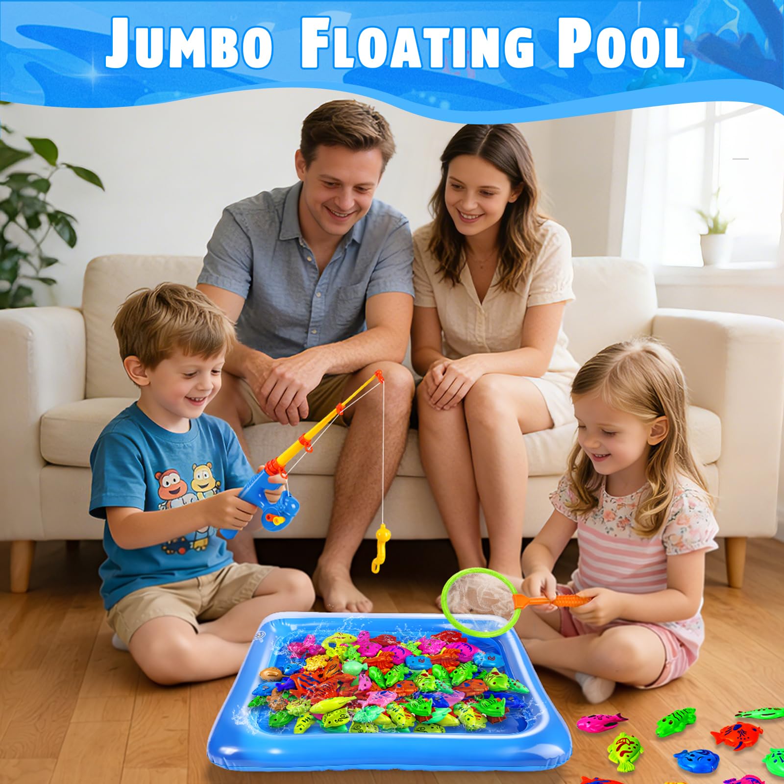 CozyBomB™ Magnetic Fishing Toys Game Set for Kids | Water Table Bathtub Kiddie Pool Party Pole Rod Net, Outdoor Plastic Floating Fish, Toddler Bath