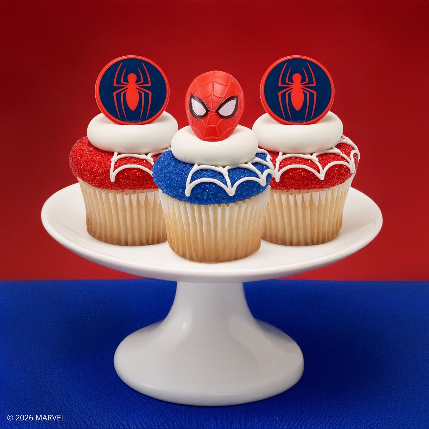DecoPac Marvel's Spider-Man™ Spider and Mask Rings, Spider-Man Cupcake Decorations, Red and Blue Food Safe Cake Toppers - 24 Pack
