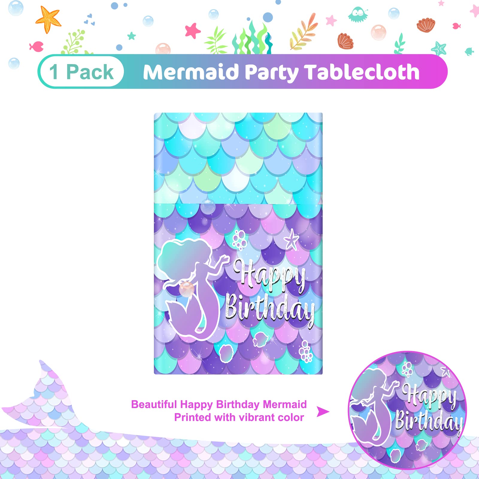 1 Pcs Mermaid Tablecloth-Happy Birthday Mermaid Table Cover, Disposable Plastic Rectangle Ocean Under The Sea Mermaids Table Cloth for Mermaids