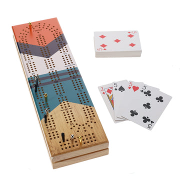 Pacific Shore Games Canoe Cribbage Board Game Set, Sunrise Nautical Print, Continuous 3 Track Travel Cribbage Boards Unique, Wooden Board Games