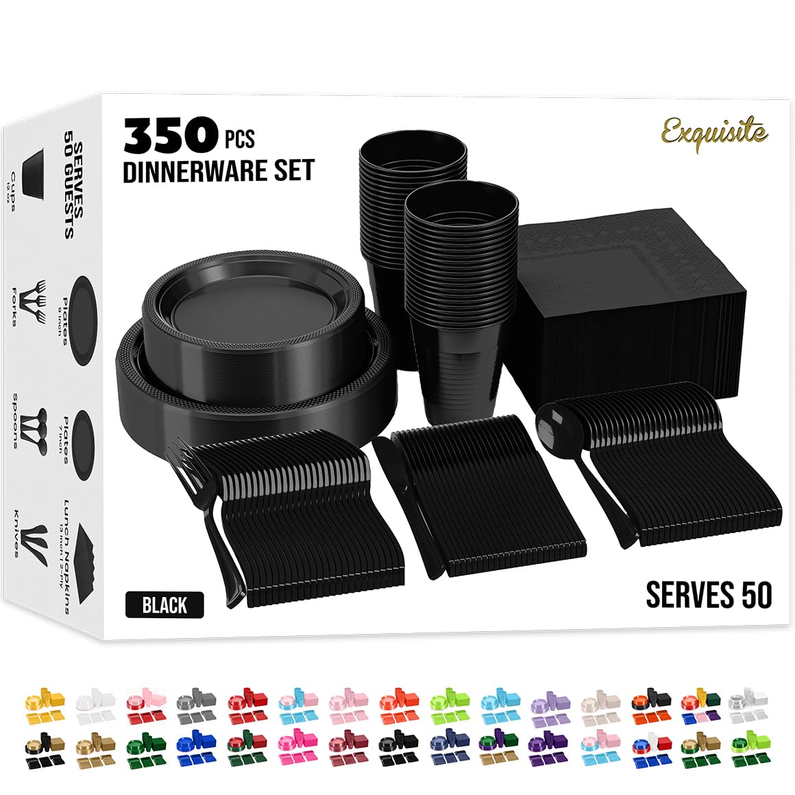 350 Pcs Black Plastic Plates For Party, Black Disposable Plates Set, 50 Of Each 9" Dinner Plate Set, 7" Dessert Plate, Cups, Napkins & Cutlery Plastic
