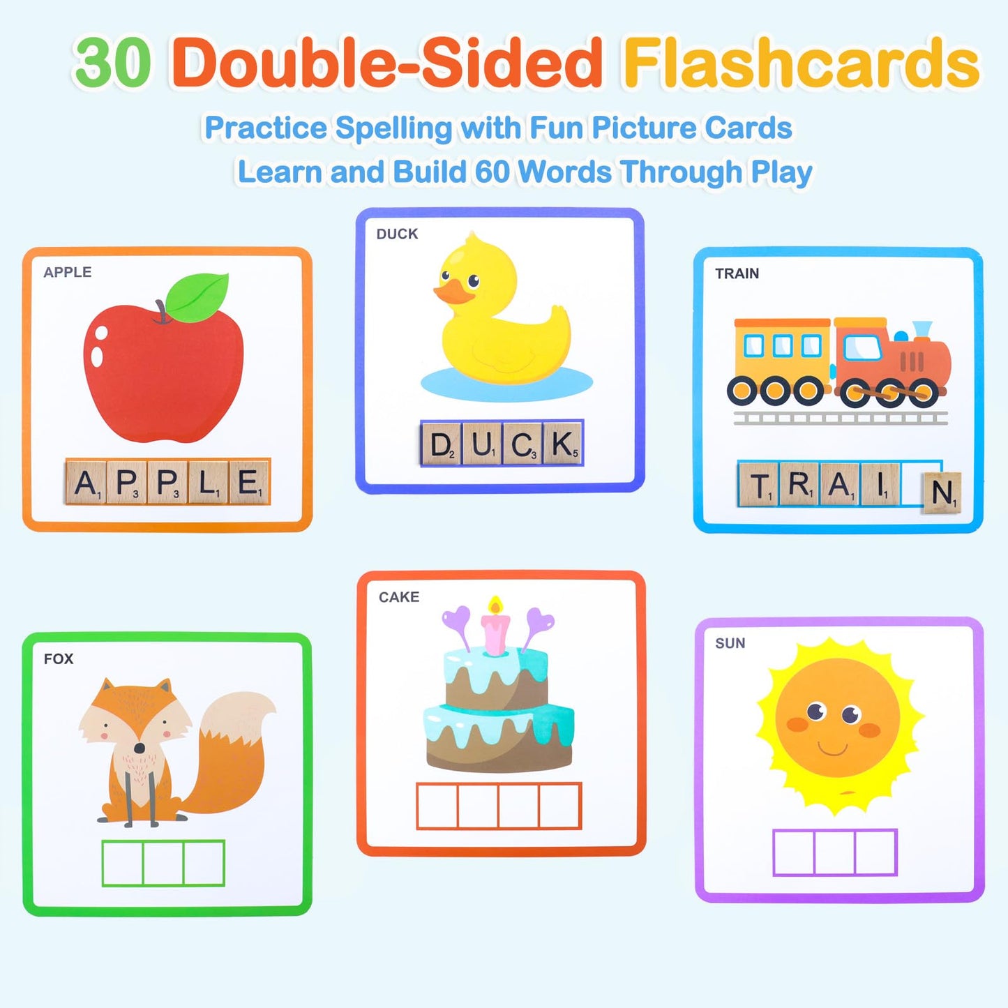Humerry Spelling Game for Kids Ages 3-8, Word Building & Sight Word Games, Phonics Learning Toy with 100 Wooden Letter Tiles & 30 Double-Sided
