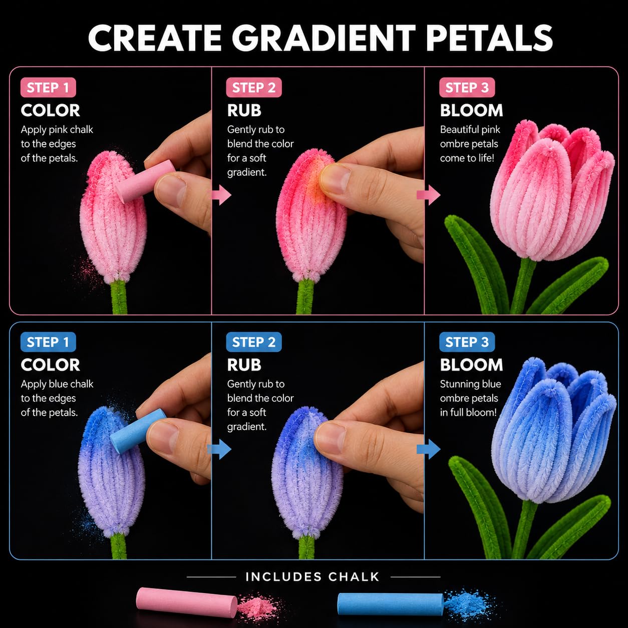 Pipe Cleaners Flowers Kit, DIY Tulip Bouquet Craft Kit with 350 Chenille Stems, 6 Colors Pipe Cleaners for Crafts, Flower Stems, Green Tape