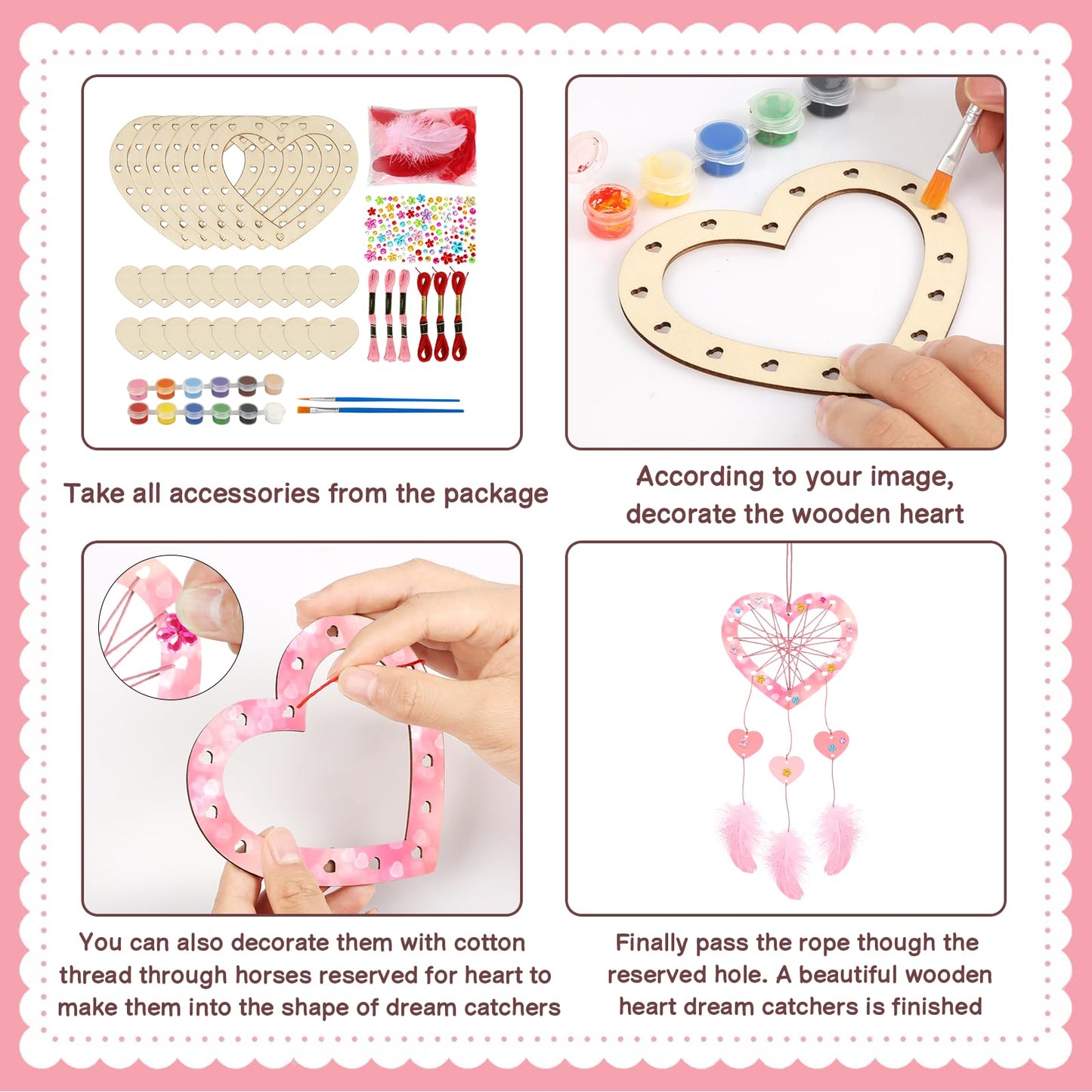 Fennoral 6 Pack Heart Dream Catcher Craft Kit for Kids Paint You Own Love Heart Dream Catcher DIY Coloring Mother's Day Wooden Art and Craft for Art
