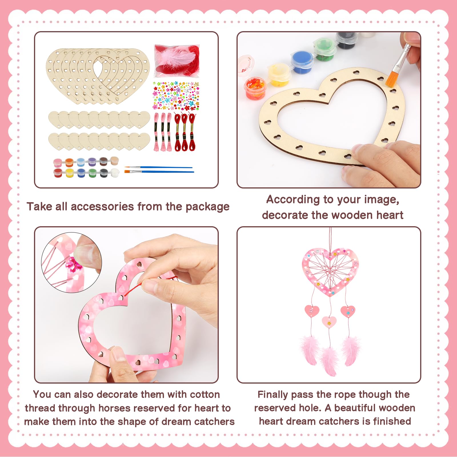 Fennoral 6 Pack Heart Dream Catcher Craft Kit for Kids Paint You Own Love Heart Dream Catcher DIY Coloring Mother's Day Wooden Art and Craft for Art