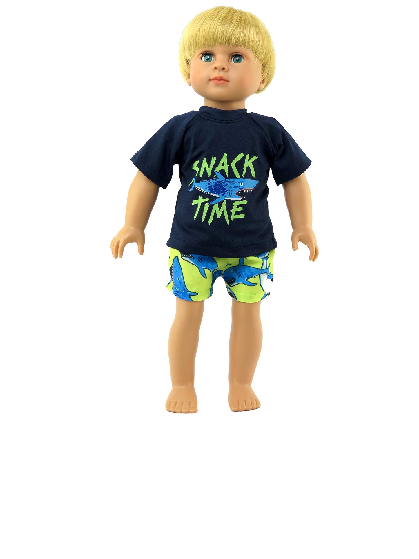 American Fashion World Boy’s Shark Snack Time Rash Guard and Swim Trunk for 18-Inch Dolls | Premium Quality & Trendy Design