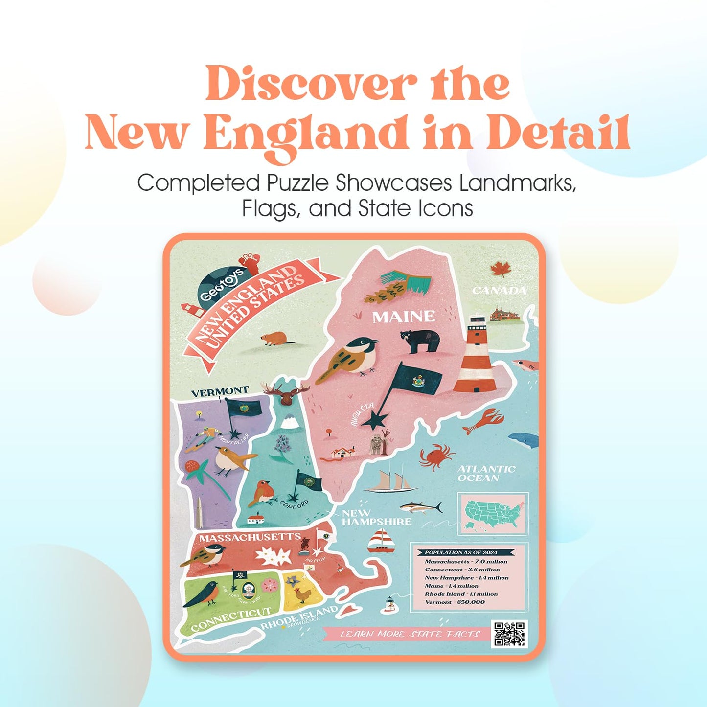 Geotoys New England Region Jigsaw Puzzle - Educational and Interactive Map Game - 250 Piece Puzzles - Jigsaw Puzzles for Kids Ages 8-12 - Kids Puzzle