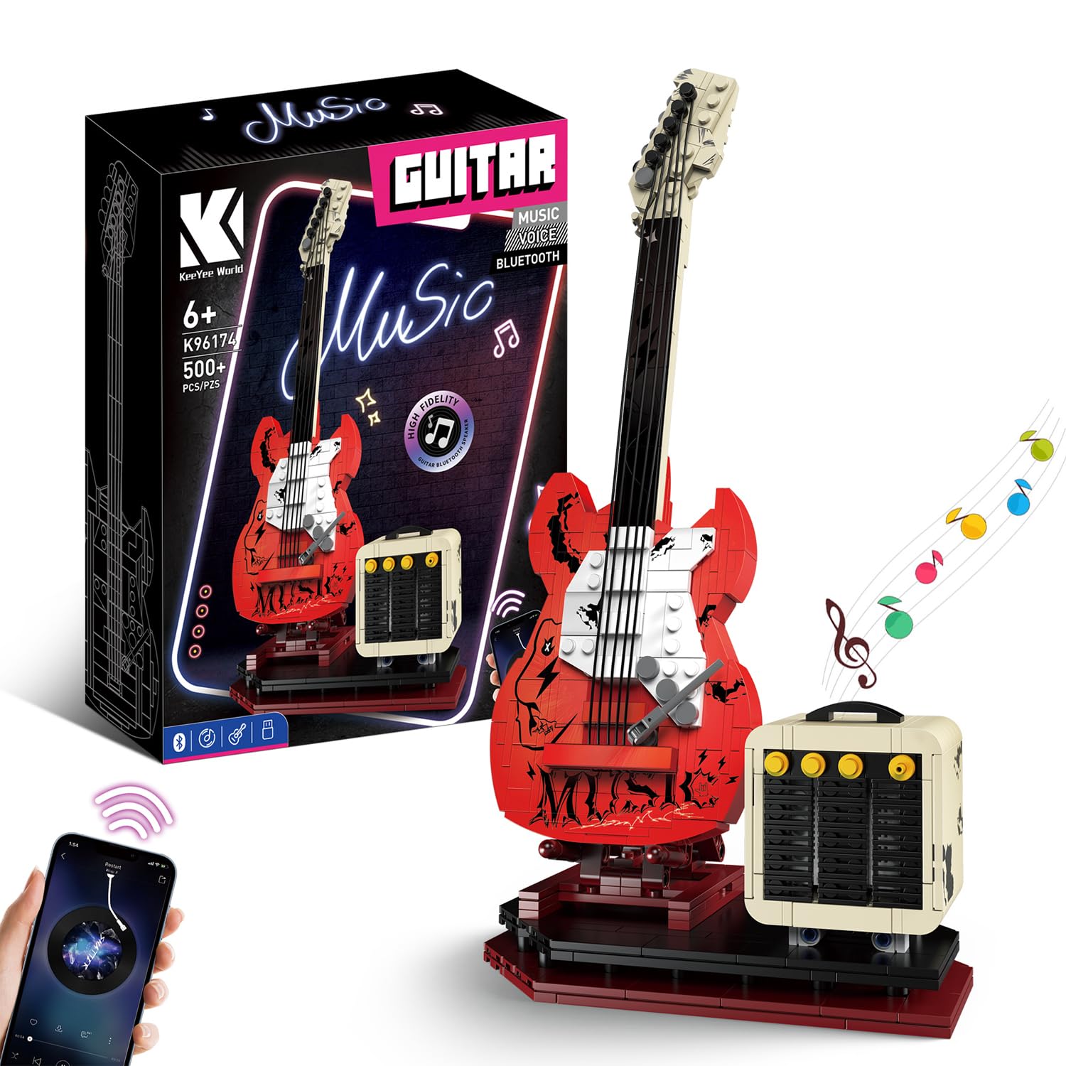 XYDongtong Guitar Music Interactive Building Set for Music Lovers, DIY Guitar Model Toy Compatible with Lego?Reverb Amplifier & Authentic Accessories