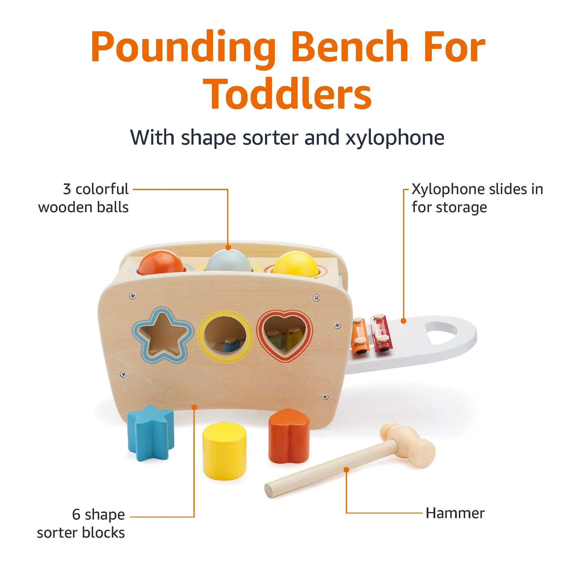 Amazon Basics Musical Pounding Bench With Xylophone and Shape Sorter Educational Toy for Toddlers, Developmental Learning Toy, Age 18M+, Boy Girl