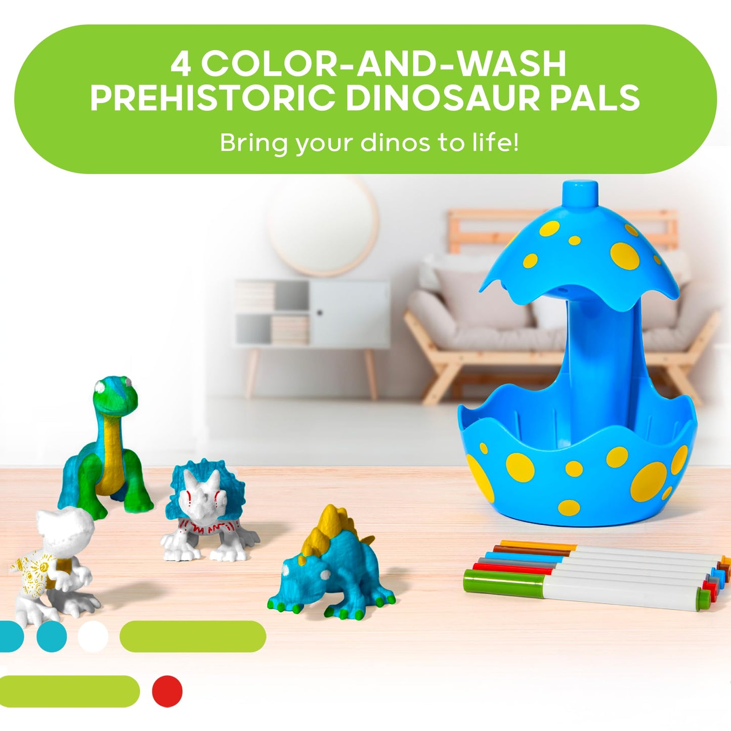 Discovery Dinosaur Crafts Painting Kit, 11-Piece Dinosaur Designer Rinse & Recolor Art Set, Dino Arts, Crafts for Kids, 4 Dinos, Egg Shower, 6 Markers