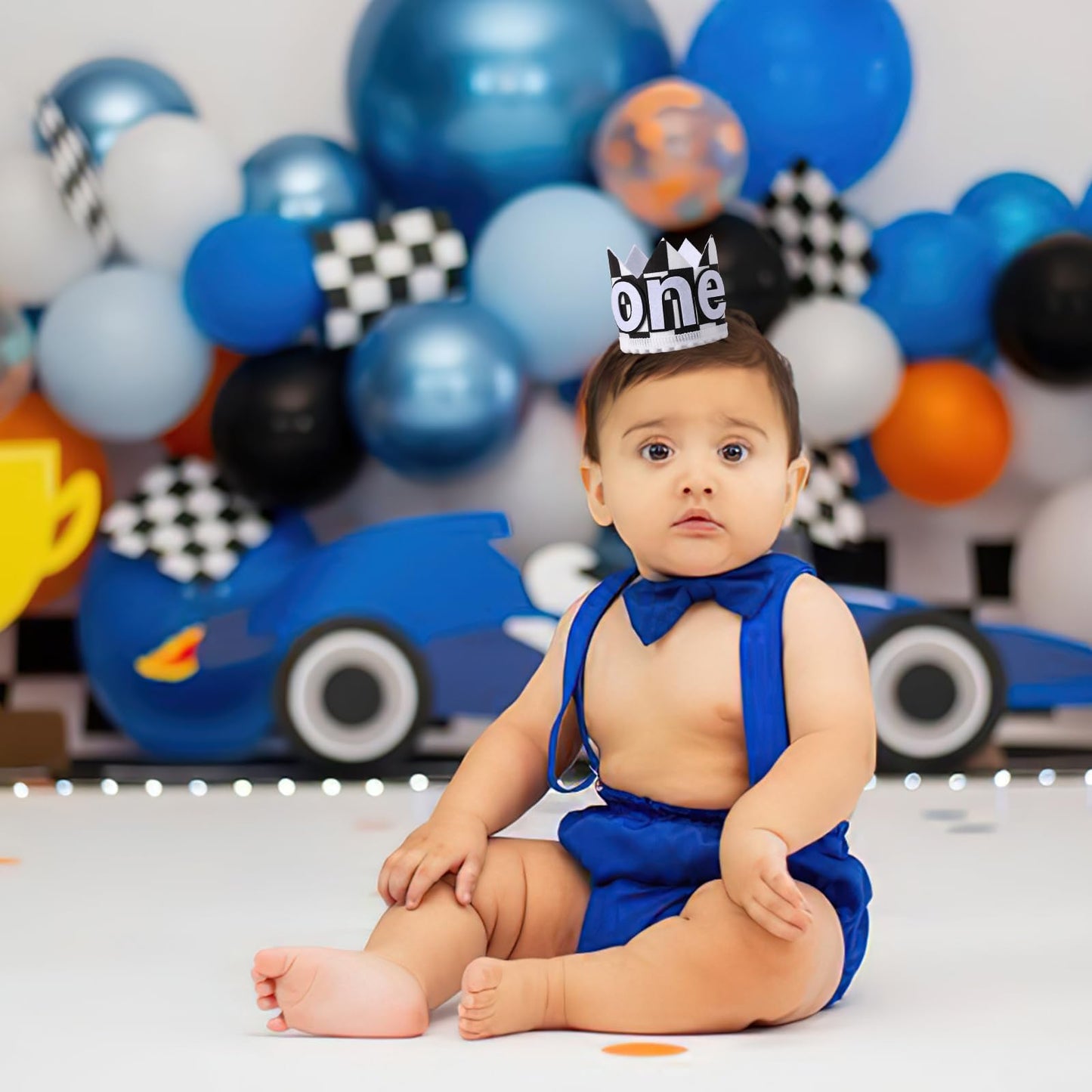 YOUAME Race Car 1st Birthday Crown - Plaid Party Crown, Boy Hat Outfit, Fast One Birthday Decor, Racing Photo Prop