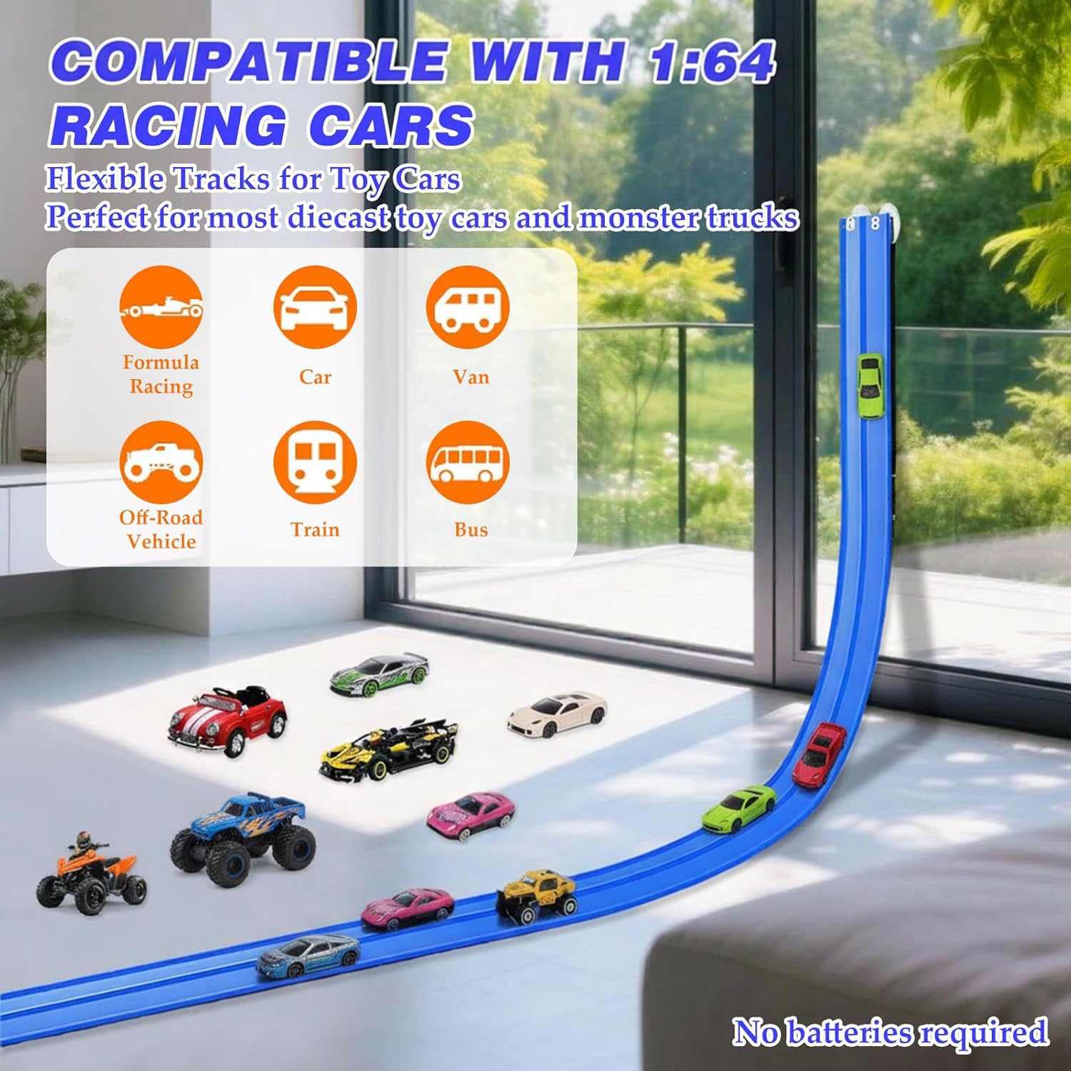 15 Ft Flexible Race Car Track for Kids, Rolls Up Portable Race Tracks with 6 Car & Suction Cups, Compatible with Hot Wheels and Diecast 1/64th Cars