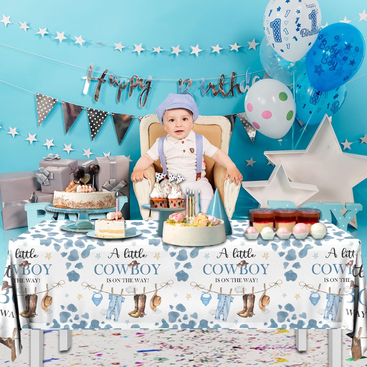 Pymurod Little Cowboy Baby Shower Decorations-3pcs Western Tablecloth Cowboy Table Cover for Cowboys Western Themed Baby Shower Party Decorations