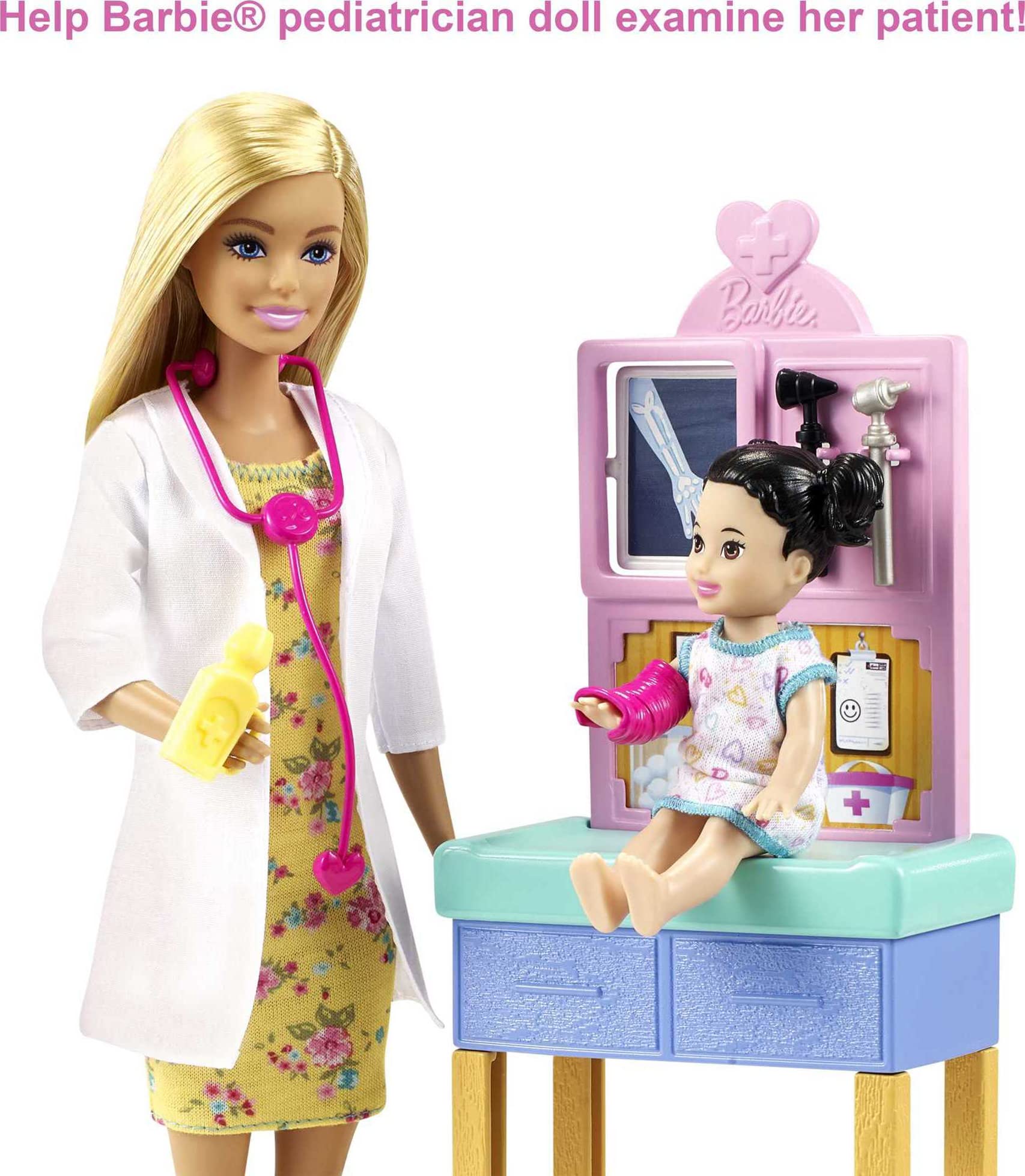 Barbie Careers Playset, Pediatrician Set with Blonde Doctor Doll, Brunette Patient Small Doll, Exam Table & Accessories
