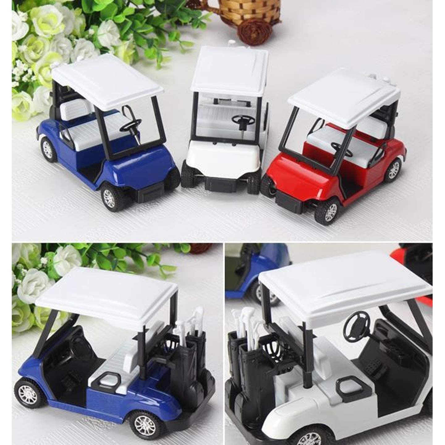 6 Pack: Diecast Golf Carts Toy with Clubs, Alloy Metal Mini Model 1:20 Scale Golfcart Pullback Vehicles for Golfing Themed Office Desk Decor, Bulk