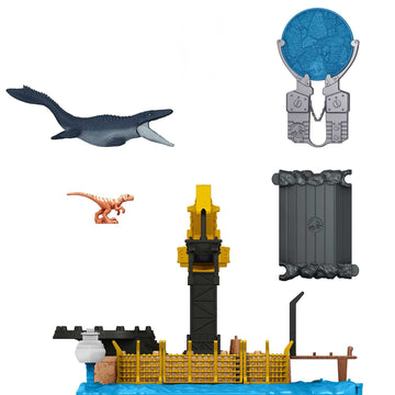 Mattel Jurassic World Dominion Minis Mosasaurus Mayhem Playset with 2 Mini Dinosaur Figures, Launchers and Break Apart Feature, Toy Gift Set