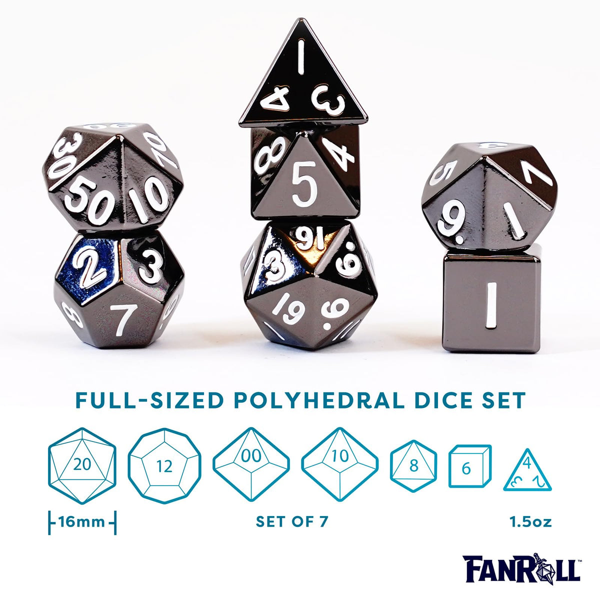FanRoll 16mm Metal Polyhedral DND Dice Set: Sterling Gray, Role Playing Game Dice for Dungeons and Dragons