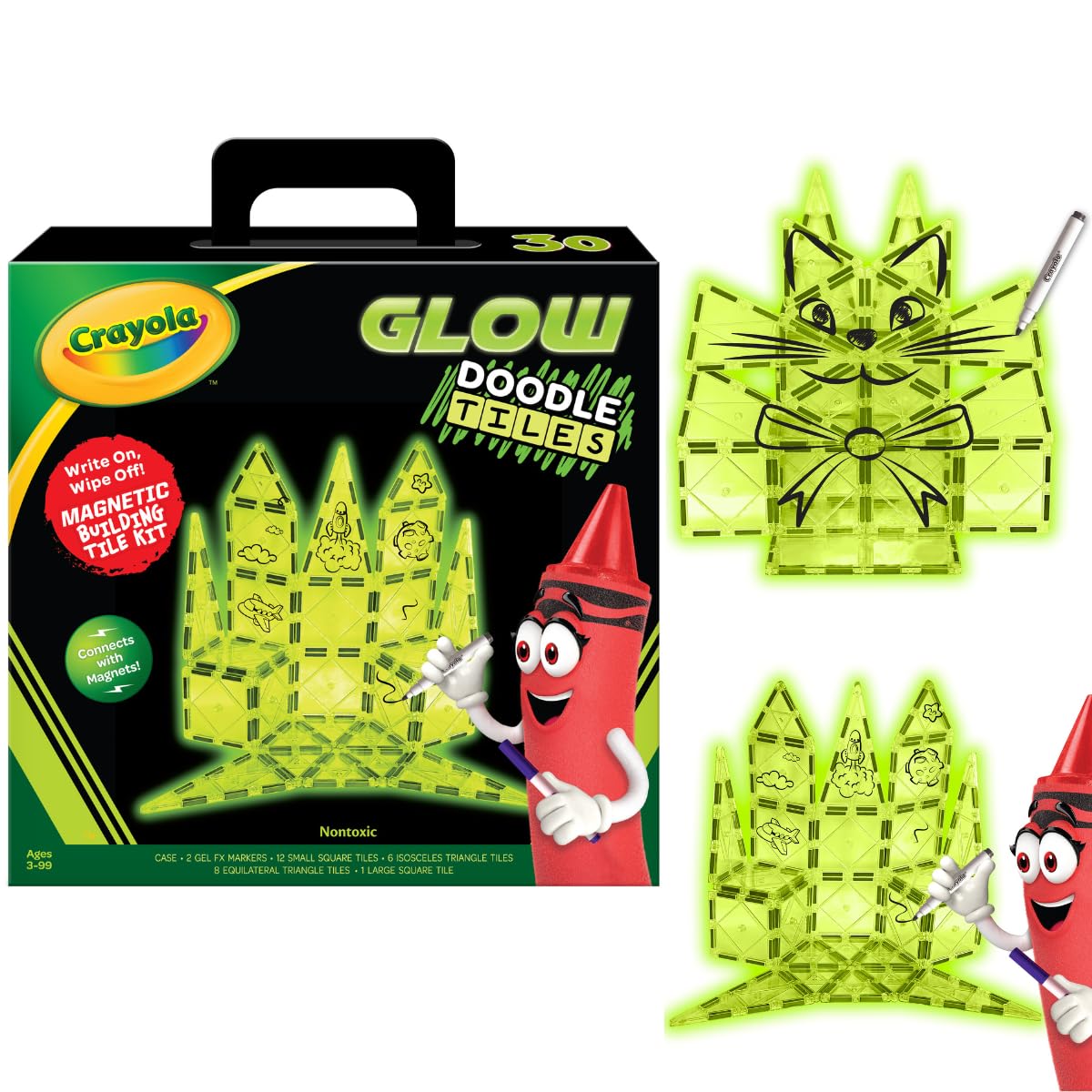 CreateOn Crayola Glow Doodle Magentic Tiles - Magnetic Building Toys for Kids, STEM Toys for Boys and Girls Ages 3+, 30-Piece Set