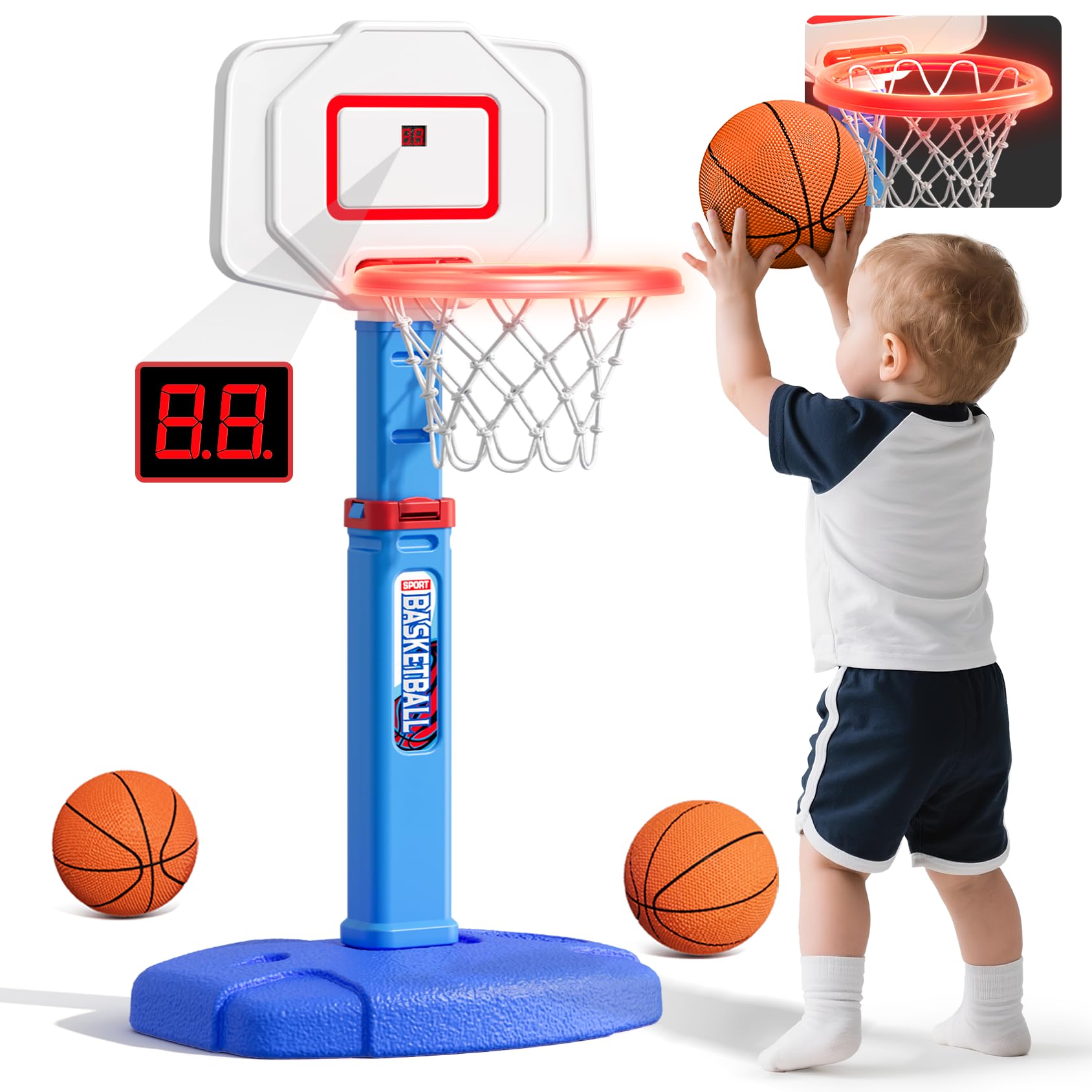 HYES Kids Basketball Hoop with Electronic Scoreboard/LED Rim