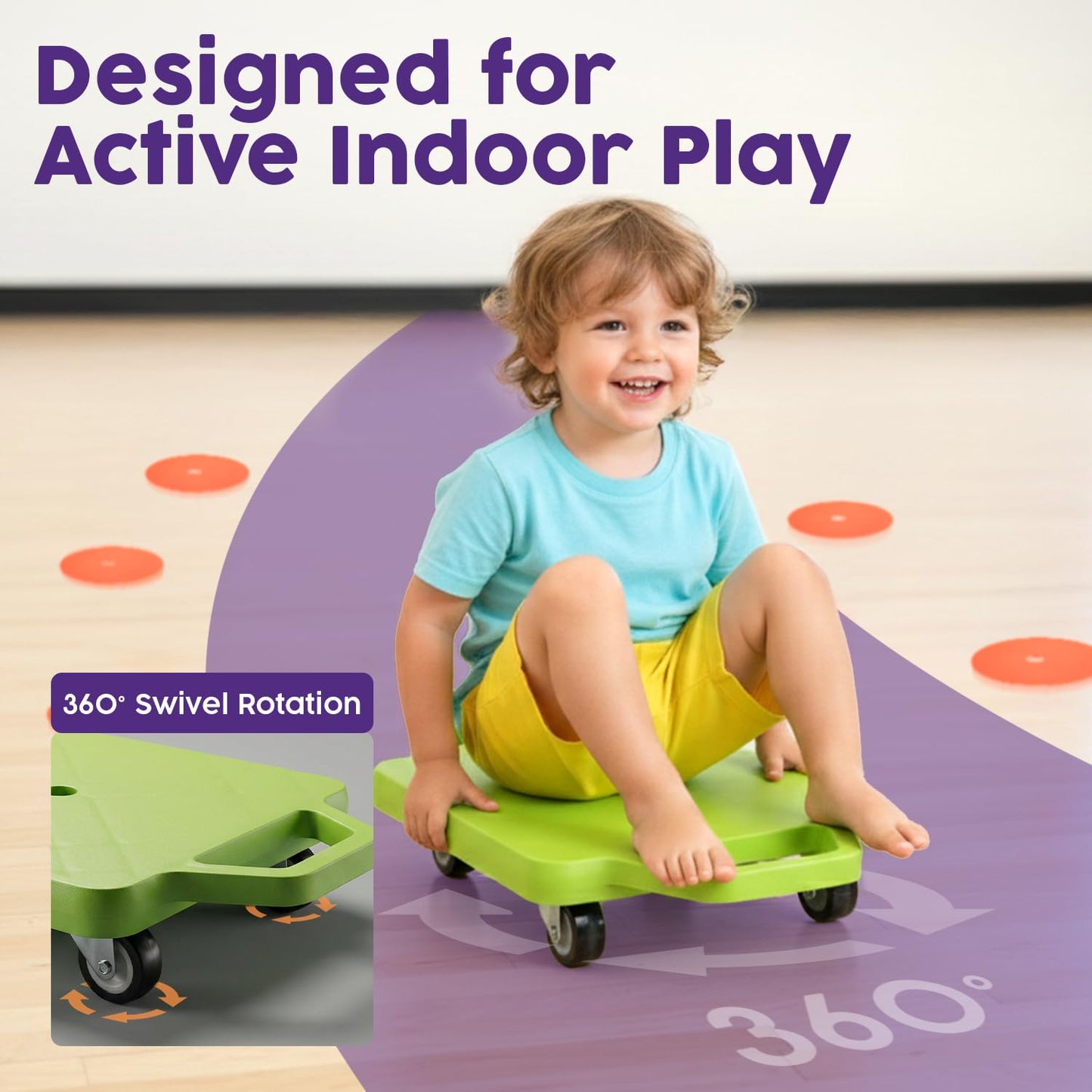 Hurtle Scooter Board for Kids with Safety Handles - Heavy Duty Gym Floor Scooter with 360° Wheels for PE, Indoor Active & Sensory Play - Supports 200