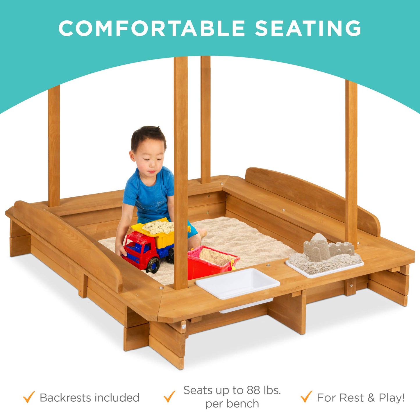 Best Choice Products Kids Wooden Cabana Sandbox Play Station for Children, Outdoor, Backyard w/ 2 Bench Seats, UV-Resistant Canopy Shade, Fabric