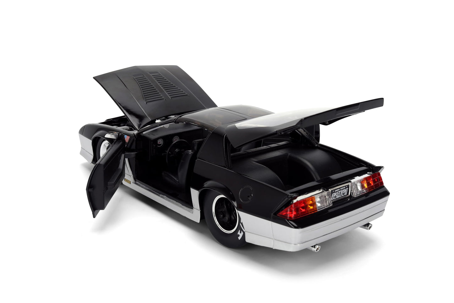 Jada Toys Bigtime Muscle 1:24 1985 Chevy Camaro Mickey Thompson Die-cast Car - Opening Doors, Hood, Trunk, Rubber Tires(Glossy Black/Silver)