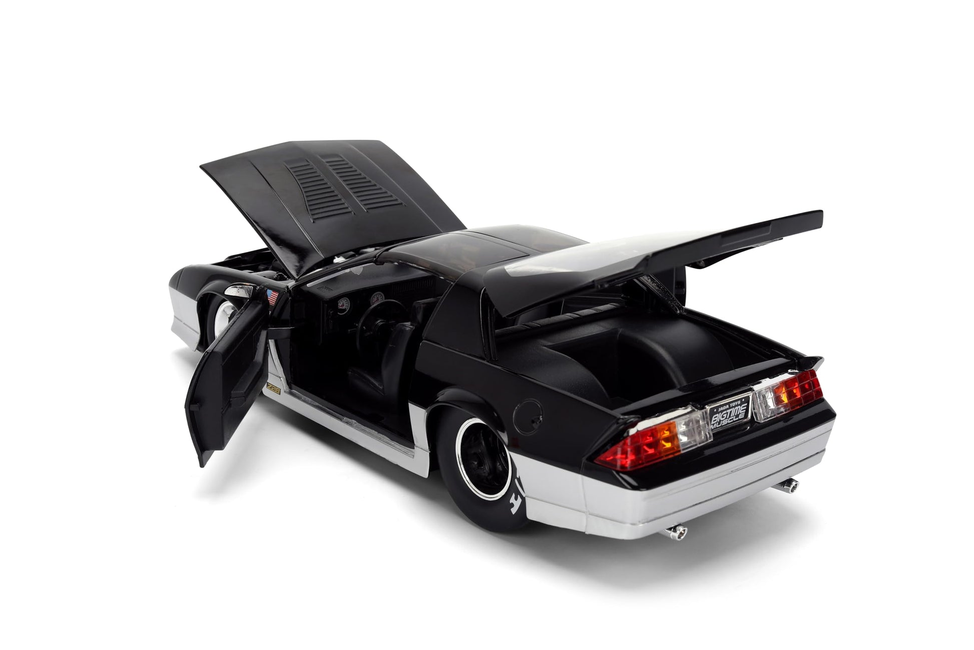 Jada Toys Bigtime Muscle 1:24 1985 Chevy Camaro Mickey Thompson Die-cast Car - Opening Doors, Hood, Trunk, Rubber Tires(Glossy Black/Silver)
