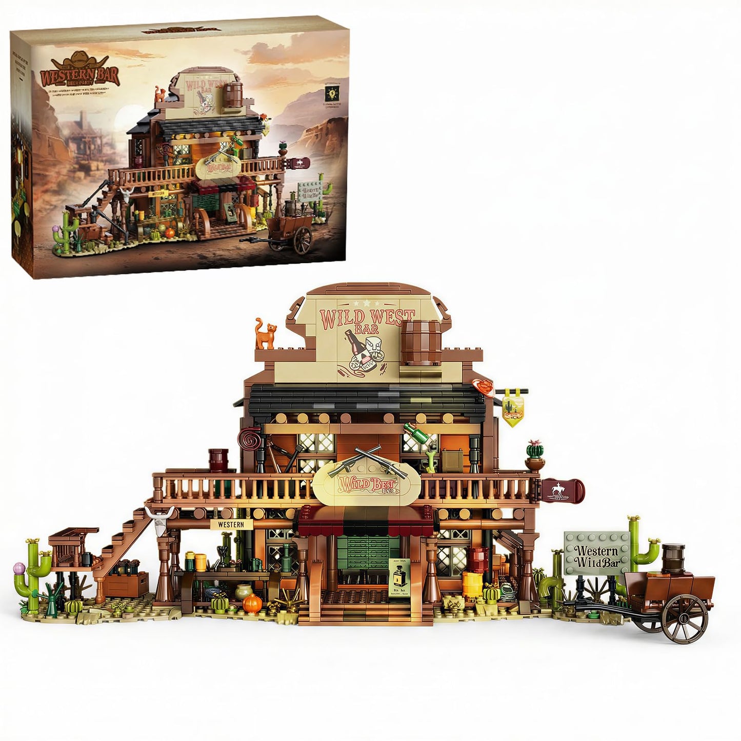 FNSJFYZS Western Bar Building Blocks with LED Lights, Wild West Saloon Architecture Model, Modular Old West Building Set for Adults, Detailed Desert