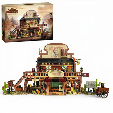 FNSJFYZS Western Bar Building Blocks with LED Lights, Wild West Saloon Architecture Model, Modular Old West Building Set for Adults, Detailed Desert