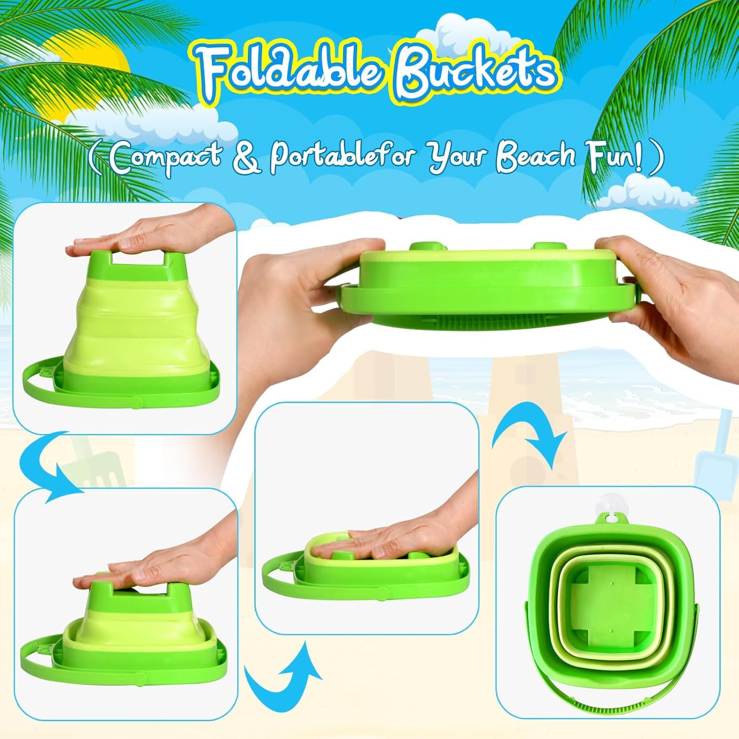 DGFCK Collapsible Beach Sand Toys for Kids Toddlers,Travel Beach Toys with 3 Collapsible Sand Buckets,Shovels,Mesh Bags,Sand Molds,Castle Toys