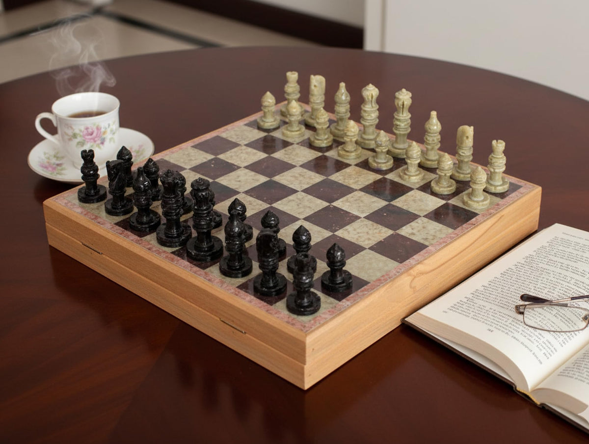 StonKraft - 10" X 10" Chess Board with Wooden Base & Stone Inlaid & Stone Pieces Game Set