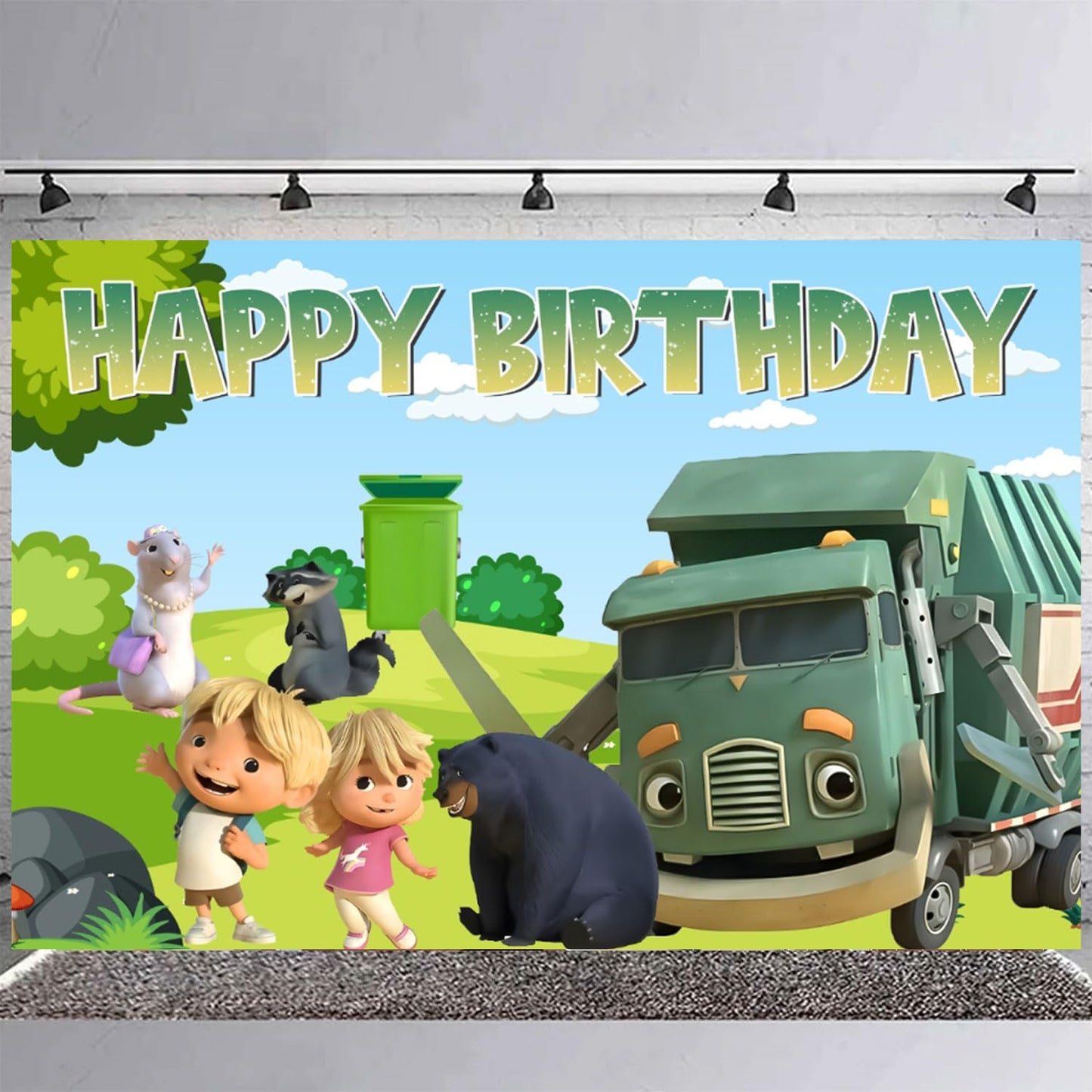 Ezcpigei Trash Truck Birthday Banner - 5x3ft, Green, 18pcs Balloons, Indoor, Wall Mount, Rectangular, Standard Banner, Waste Management