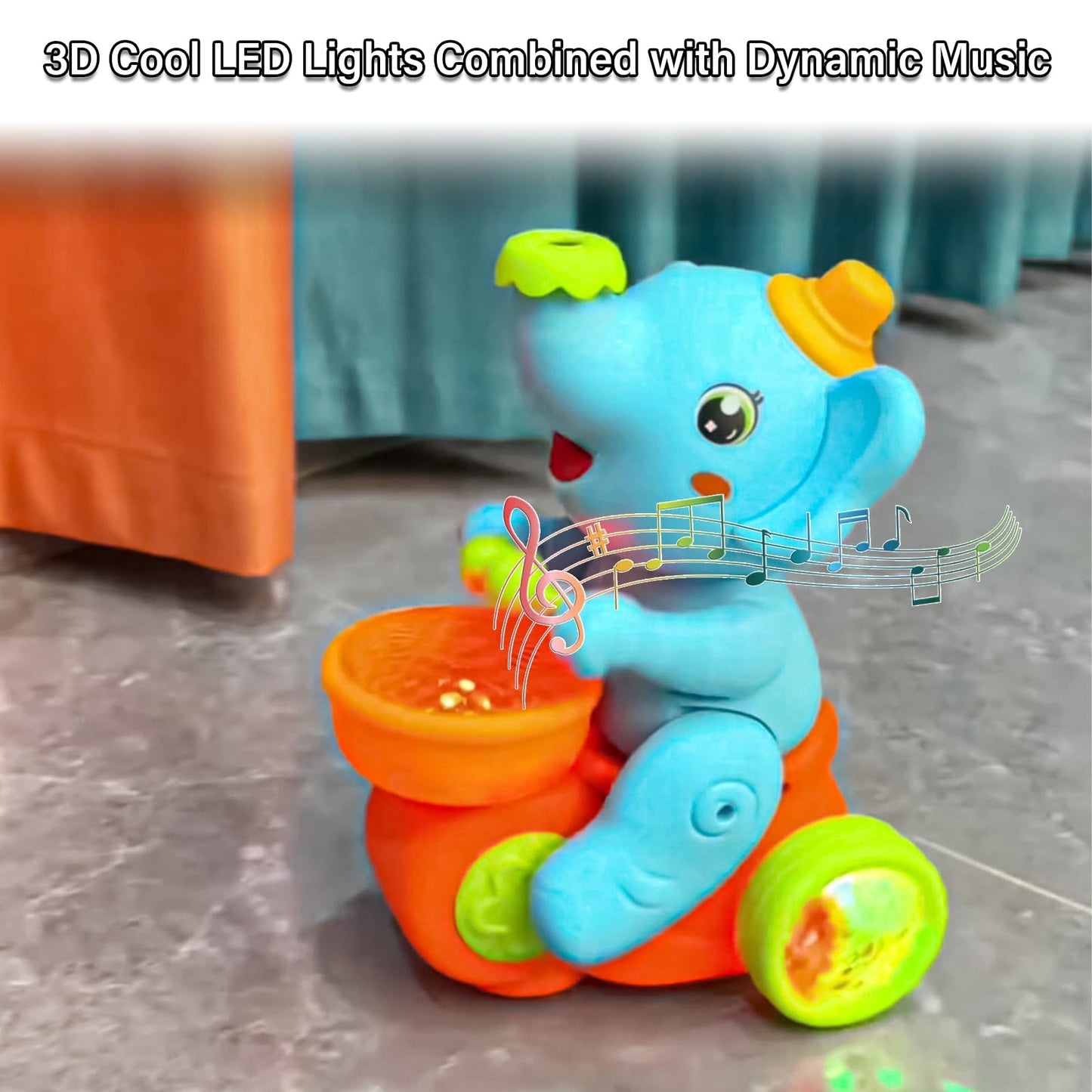 Billowvolve Musical Walking Elephant Drummer Toy Multifunctional Drumming Car Blow Floating Ball Tricycle Children's Drum with LED Lights