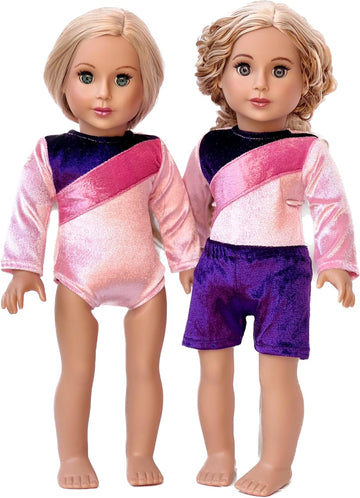 Little Gymnast - 2 Piece Outfit - Pink and Purple Gymnastic Leotard with Shorts - 18 inch Doll Clothes (Dolls not Included)