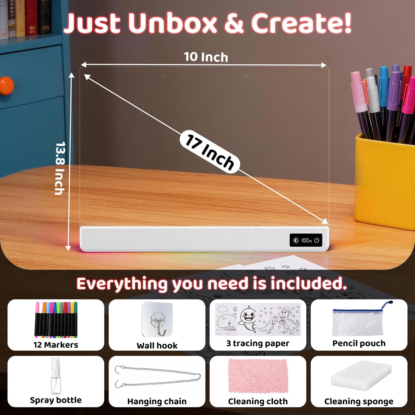 17 Inch Rechargeable LED Drawing Board for Kids, Upgraded 15 Colors Light Up Doodle Pad, Anti-Scratch PVC, Flicker-Free Eye Care, Includes Tracing