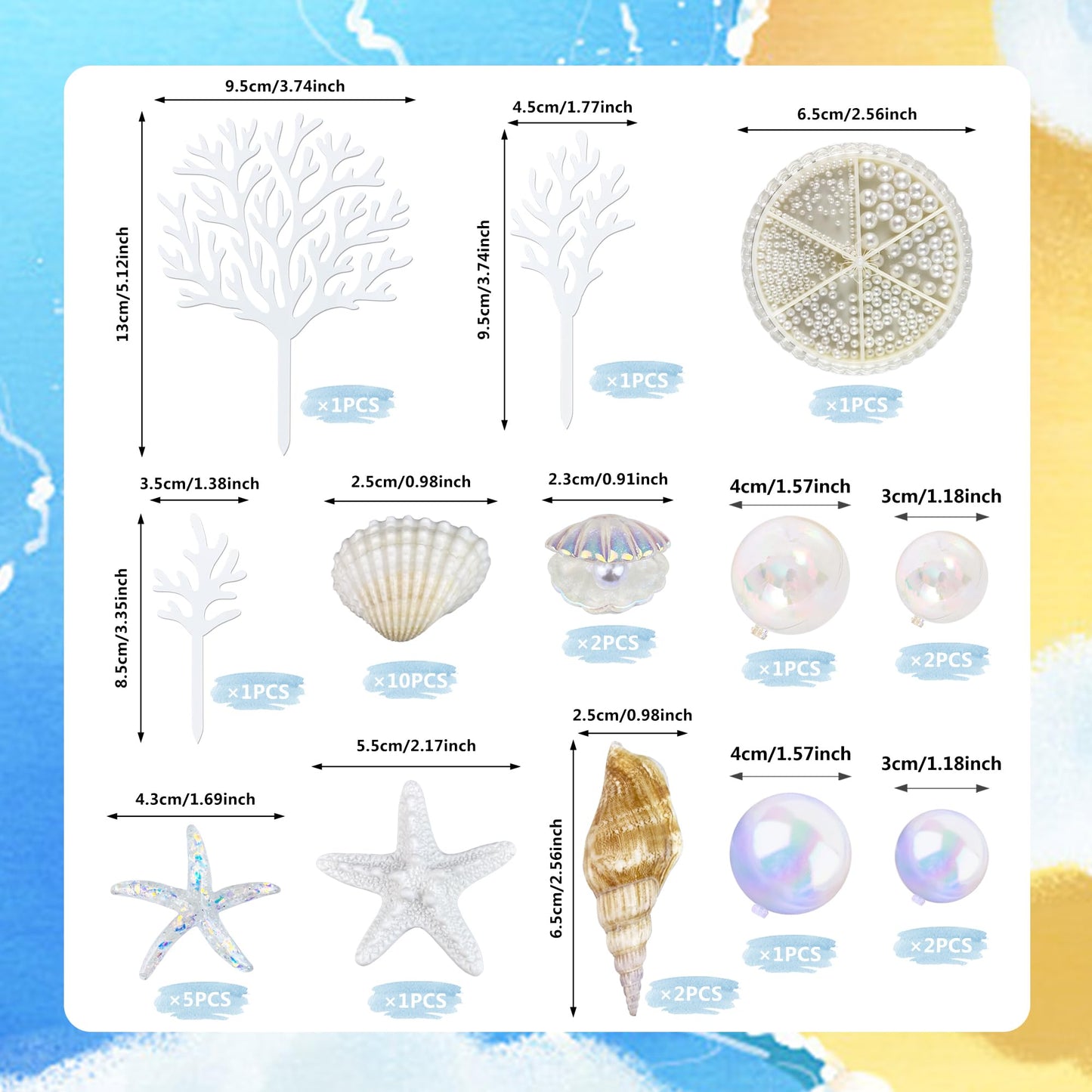 30PCS Starfish Conch Shells Coral Cake Decorations with Ball Beach Themed Ocean Summer Birthday Supplies