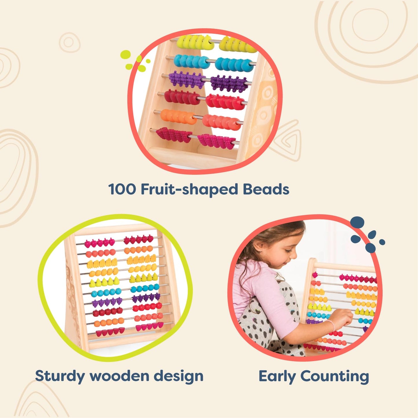 B. toys - Fruity! Wooden Abacus for Kids Classic Math Learning Toy with 100 Beads Educational for Addition, Subtraction Numbers & Counting 18+ Months