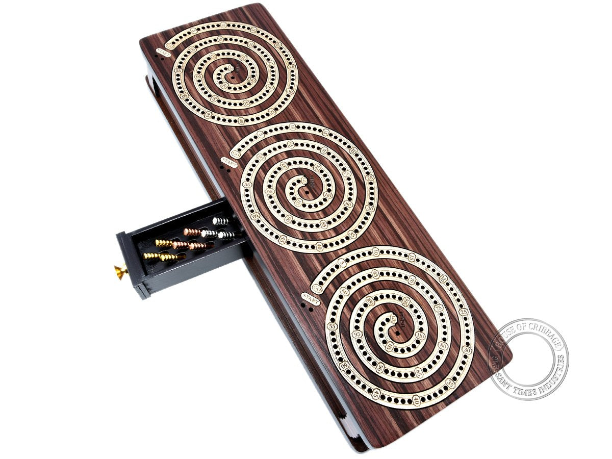 House of Cribbage - 3 Track - Spiral Design Continuous Cribbage Board/Box Inlaid in Rosewood/Maple Wood - Separate Storage Space for Two Deck of Cards