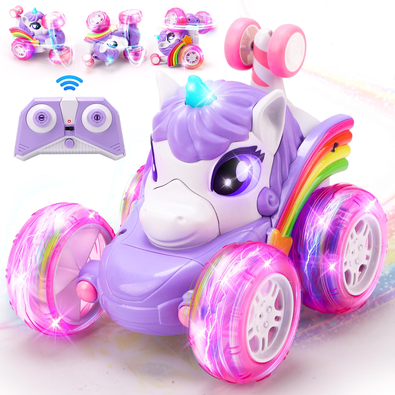 RUIDYA Unicorn Remote Control Car for Girls, 360°Rotating 4WD Stunt RC Cars for Boys with Lights, 2.4GHz Rechargeable Car Toys Gift for Toddler Kid
