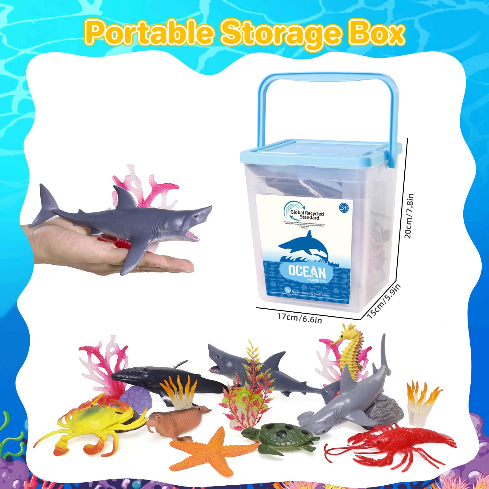 BIWASE Ocean Sea Animal Figure Toys for Kids 3-5, Realistic Sea Life Figures Animal Creature Sand Toys Beach Bath Playset Include Shark Whale Corals