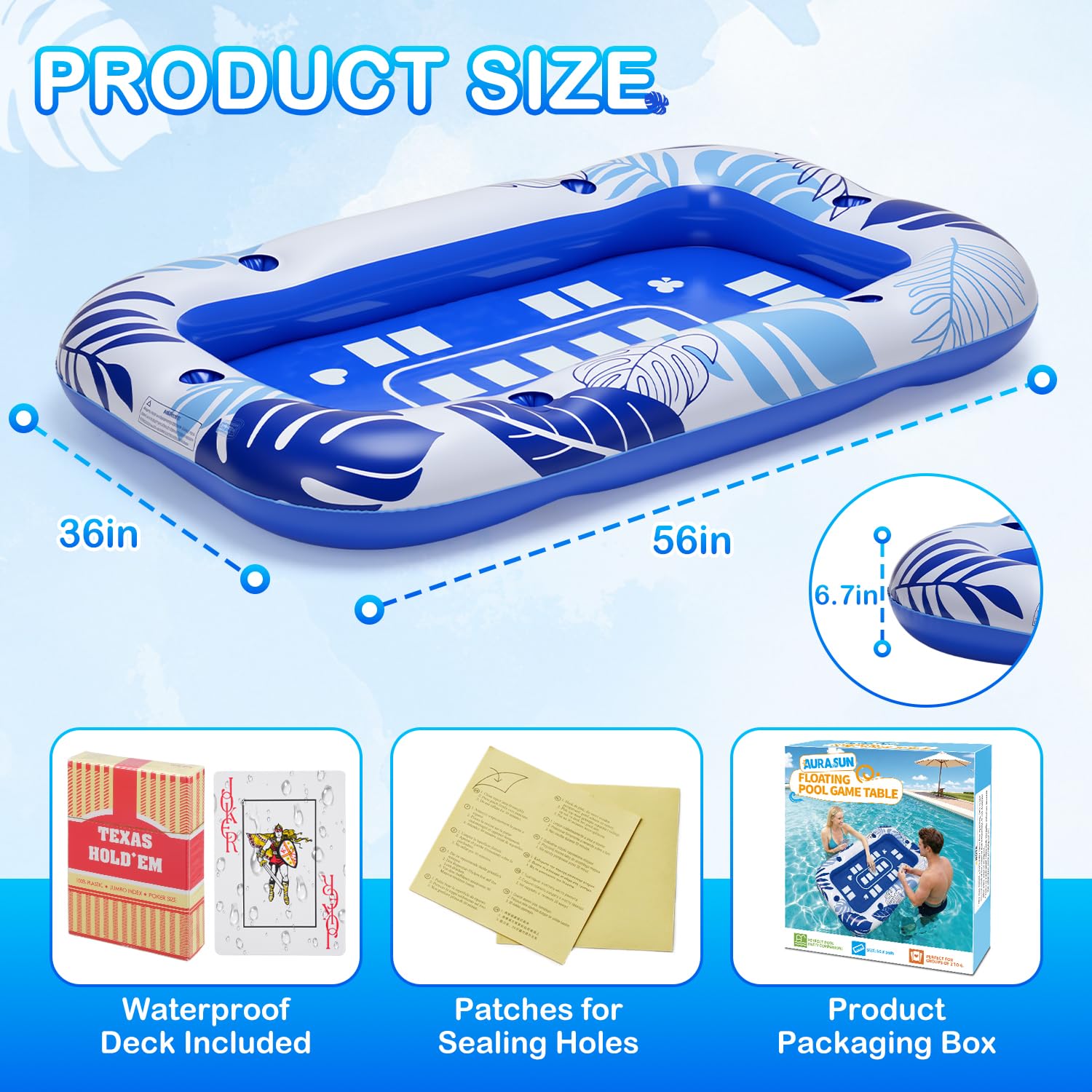 56IN Oversize Floating Card Game Table for Pool with Waterproof Cards - Inflatable Floating Card Table for Adults, Snack Drink Tray with Cup Holders