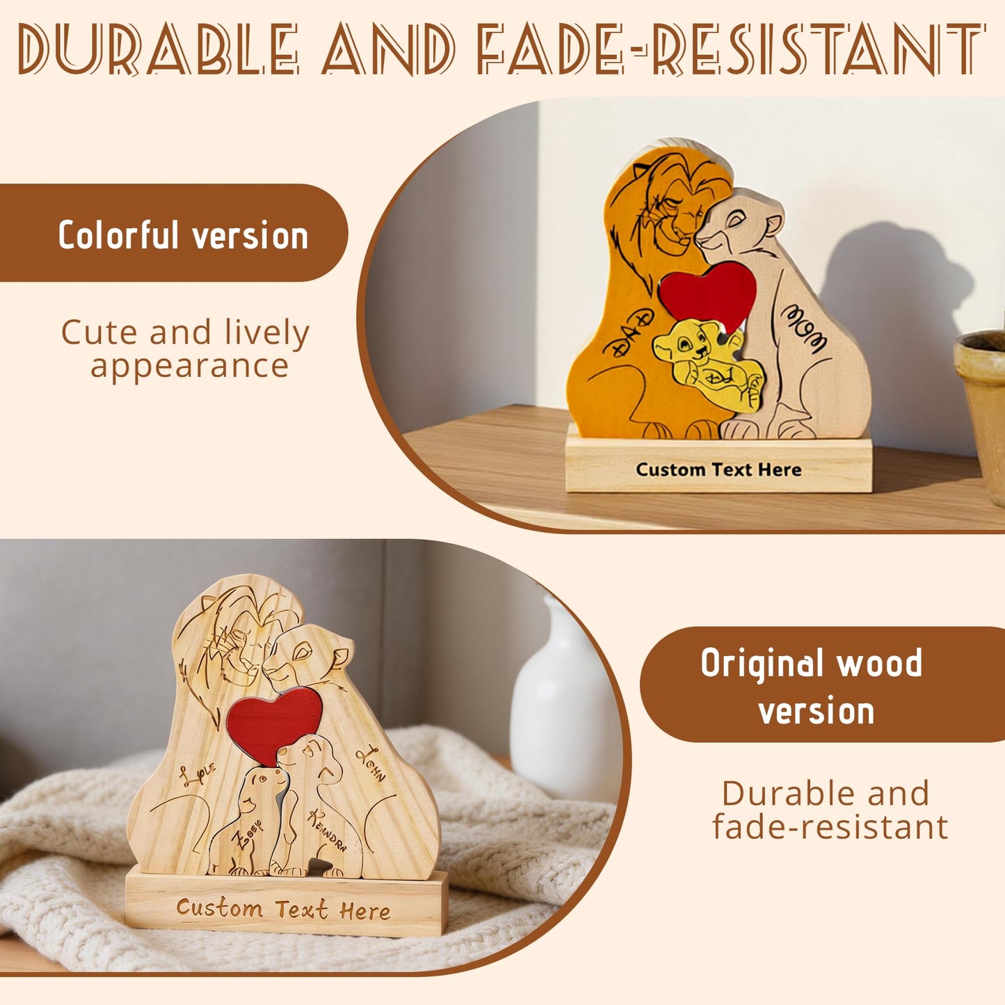 Custom Wooden Bear Family Puzzle with 2-9 Names,Mom Dad’s Day Gifts(Lion)