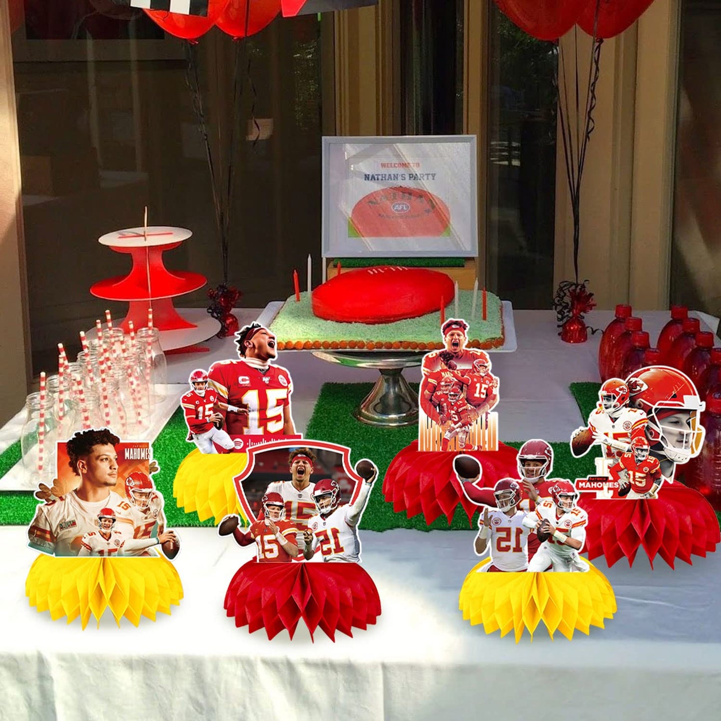 Patrick Mahomes Party Decorations Honeycomb Centerpiece, 7 Pieces American Football Star Theme 3D Double Side Cake Toppers Table Centerpieces, Photo