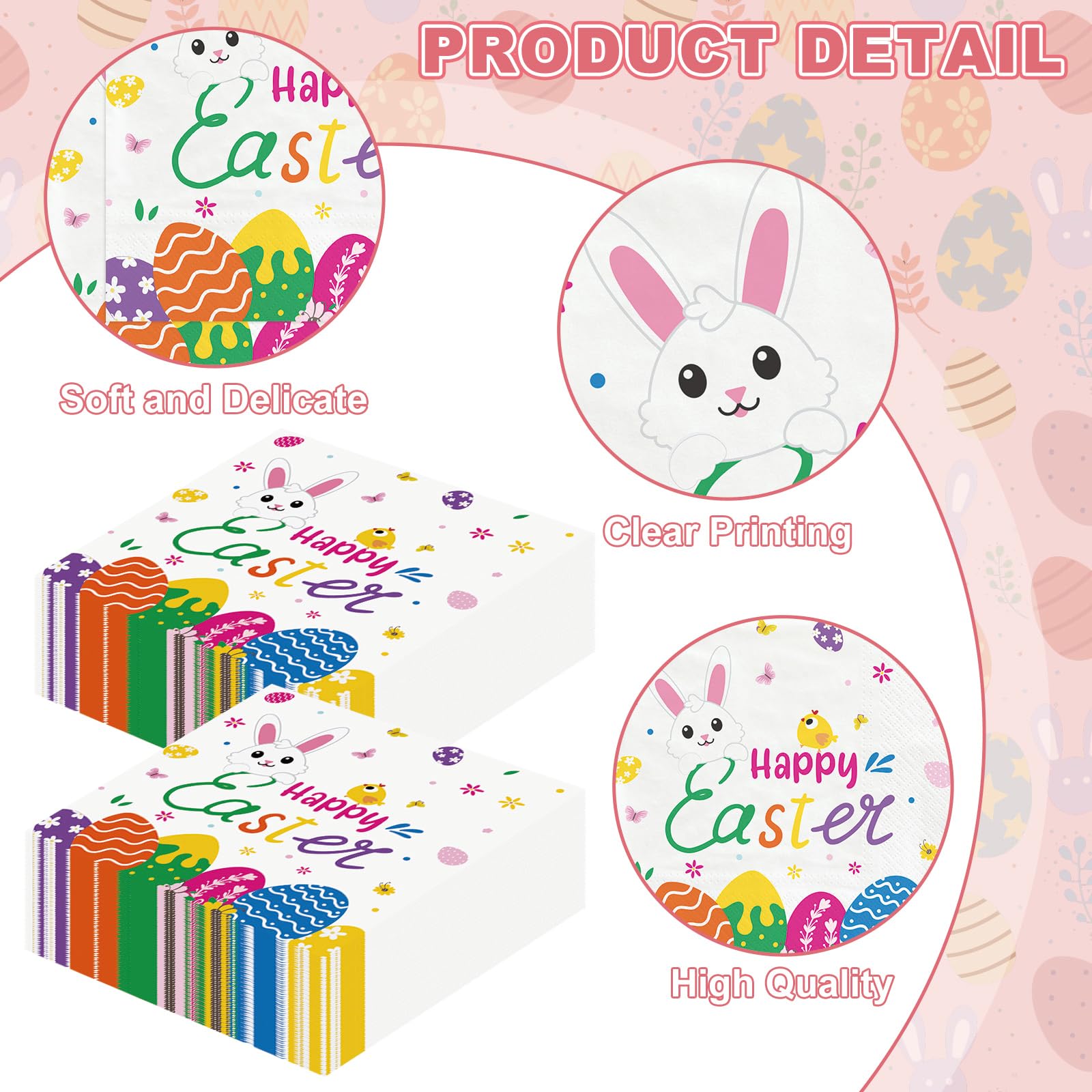 50 Pcs Happy Easter Napkins Disposable, 13 Inch Spring Bunny Napkins, 3-Ply Cute Easter Eggs Rabbit Flower Dinner Cocktail Paper Towels for Easters